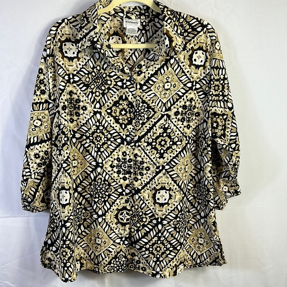 Bon Worth Blouse Size Large Brown,Black, Tan Like New